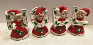 Vintage NOEL Ceramic Christmas Pixie Elf Santa Girls in Red Suits JAPAN 2