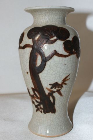 Chinese Vase Signed Leaf Antique 19th C Century Crackleware Glazed Pottery Brown