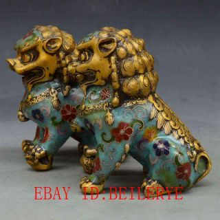 A Piar Chinese Antique Brass Handwork Cloisonne lion Statue L31 2