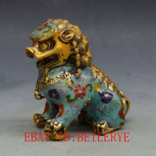 A Piar Chinese Antique Brass Handwork Cloisonne lion Statue L31 3