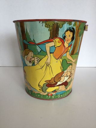 1938 Walt Disney Snow White & The The Seven Dwarfs Tin Litho Sand Pail