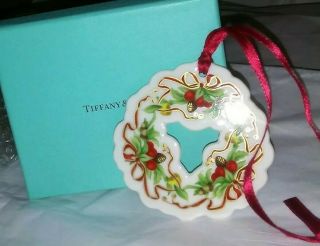 Tiffany & Co.  Tiffany Holiday Christmas Ornament White W Red Ribbon Holiday Tree