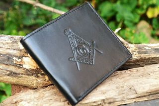 Masonic Black Leather Bi - Fold Wallet - Rfid Protected - Square And Compasses