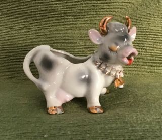 Vintage Japan Ceramic Cow Creamer Figurine Gold White Ruffle Collar With Bell