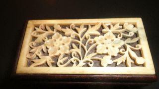 Antique Chinese Carved Wood And Bovine Bone Stamp Box