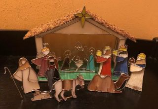 11pc Stain Glass Nativity Set Stable Wisemen Shepard Mary Joseph Baby Jesus