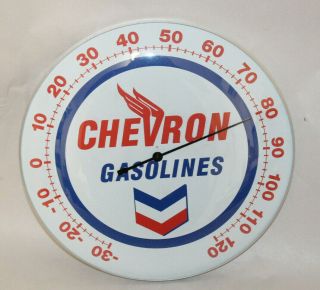Chevron Gasolines Thermometer 12” Round Glass Dome Sign Vintage Style Gulf