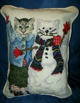 Cat & Snowman Kitty Needlepoint Pillow - Winter Christmas Theme