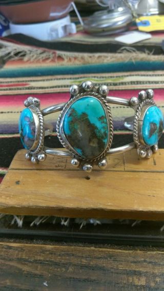 Vintage Navajo Old Pawn Turquoise Stone Sterling Silver Cuff Bracelet