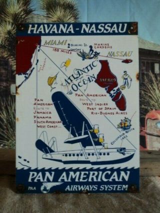 Vintage Pan American Airways System Havana - Nassau Airplane Map Porcelain Sign