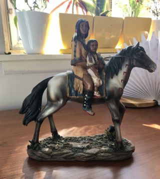 Resin Horse And Riders Mother And Child Native Americans Figure Painted Horse