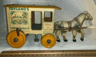 Antique Tin Litho Toy Key Wind Up Marx Toyland Dairy Farm Milk Horse Drawn Wagon