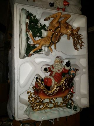 Grandeur Noel 2003 Santa In Sleigh And Reindeer Porcelain Set Christmas