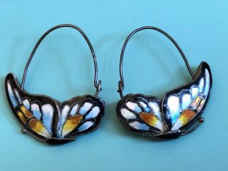 Chinese Export Cloisonné Enamel Butterfly Wing Sterling Silver Hoop Earrings