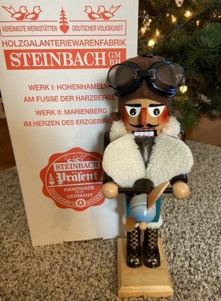 Steinbach Wooden Nutcracker Aviator Pilot Handmade Germany Box Goggles 14” Tall