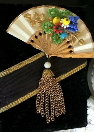 VTG Miriam Haskell Fan Brooch Gorgeous Asian Mid Century Hand Crafted Pin 2