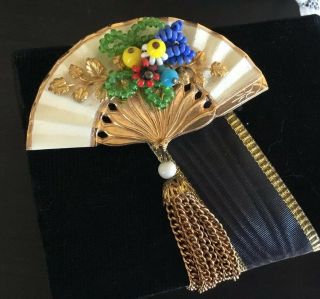 VTG Miriam Haskell Fan Brooch Gorgeous Asian Mid Century Hand Crafted Pin 3