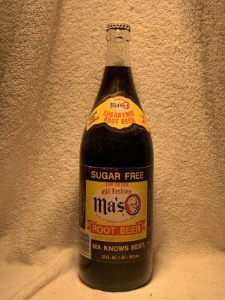 Full 32oz Ma’s Sugar Root Beer Paper Label Soda Bottle