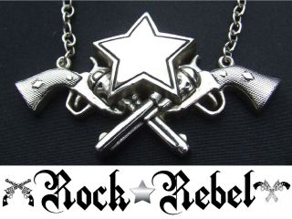 Rock Rebel Metal Necklace Western Law - Star Bolo - Tie Colt Revolvers Silver Guns