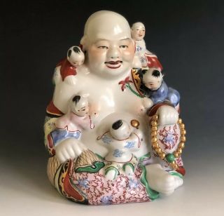 Antique Chinese Famille Rose Porcelain Laughing Buddha With Children Statue
