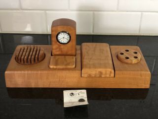 Vintage Michael Elkan Studios Burl Maple Desk Set W/ Clock - Box Nakashima Wood