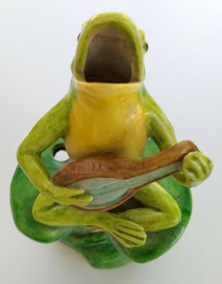 Vintage Frog Playing Mandolin On Platform Ceramic Flower Holder And Waterer