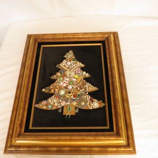 Vintage Jewelry Christmas Tree 12 " X 16 Framed Handmade Craft Rhinestone