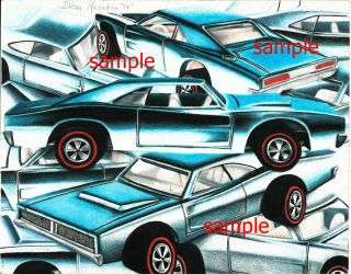 Hot Wheels Redlines Custom Charger Ice Blue Pile Art Poster Print Matte Finish