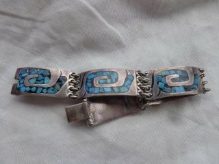 Vintage Signed Tm Mexican Silver Turquoise Black Onyx Inlay Link Bracelet 42.  2 G