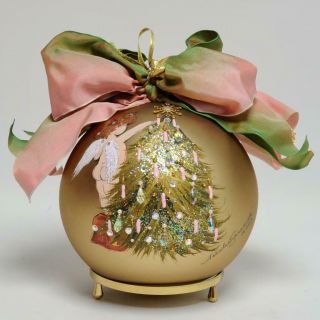 2003 Natalie Sarabella " Angel & Tree " Hand Painted Blown Glass Ornament W/case