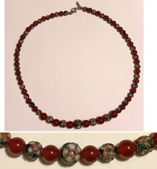 Vintage Chinese Jade Red Carnelian & CloisonnÉ Bead 17”necklace W/sterling Lock