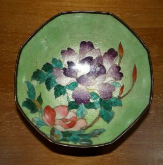 Antique Japanese Meiji Period Ginbari Cloisonne Octagonal Bowl With Peonies