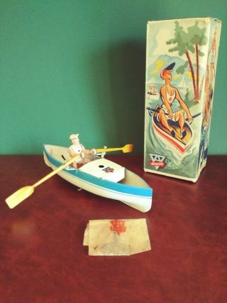 (private Listing) Arnold 2030 Tin Wind - Up Rowing Boat Scull Speedboat W/ Or.  Box