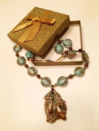 Afghan Hound Glass Bead Necklace By Connie Nibarger - Gold & Aqua