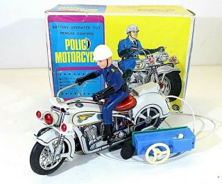 Masudaya Police Motorcycle With Remote Battery Op.  Vtg,  Tin,  Japan,  Mib,  Nomura,  Alps