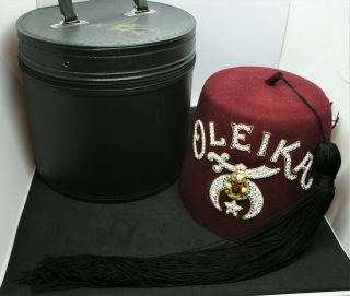 Vintage Retro Masonic Shriner Fez Hat,  Hat Form,  Hat Box,  2 Rhinestone Pins