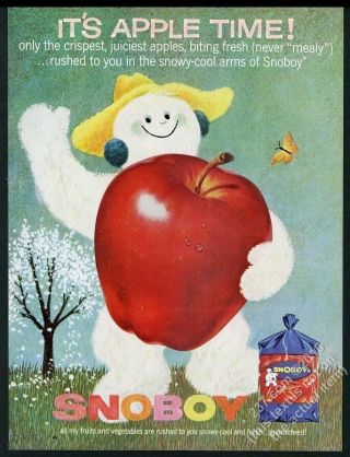1962 Snoboy Apples Smiling Snowman Art Vintage Print Ad