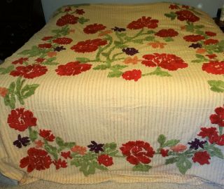 Vtg Cotton Chenille Bedspread Tan W Fluffy Bright Red Flowers 84 " X 116 "