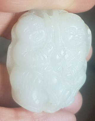 ANTIQUE CHINESE CARVED WHITE/GREEN JADE ' TWO BOYS HOLDING FRUIT ' QING DYNASTY 3