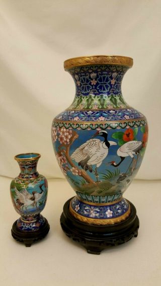 1 Jingfa Cloisonne Vase Crane Egret Bird 12 " Tall Chinese Floral Stand 1 6 " Vase