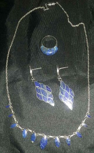950 Silver Lapis Lazuli Size Seven Ring,  Earrings,  Necklace Set Vintage