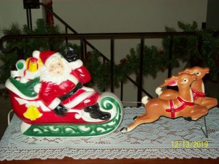 Vintage 1970 Empire Plastic Santa In Sleigh W/ Reindeer Lighted Blow Mold