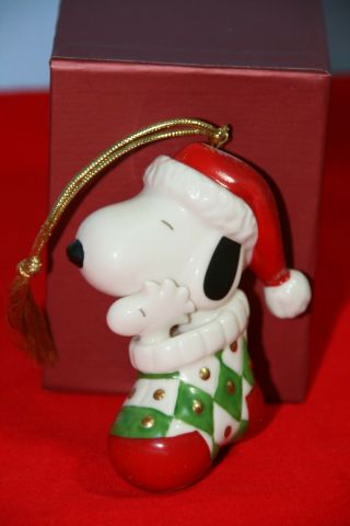 Vintage Peanuts Lenox Christmas Ornament " Snoopy In Stocking " Nib