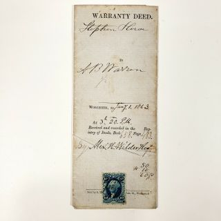 1862 Land Deed Northborough Worcester County Massachusetts Tax Stamp Allen Swamp