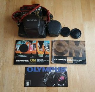 Vintage Olympus Om - 1 With 50mm Lens,  Leather Case,  Tele Converter & Manuals