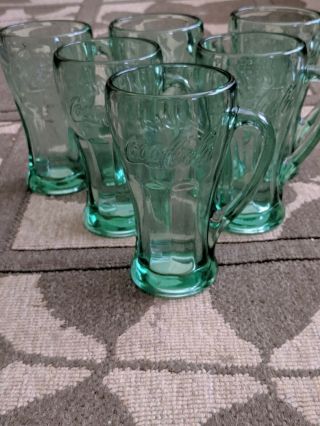 Vintage Green Coca Cola Heavy Glass Mugs With Handles,  Set Of 6,  6 1/4 " Tall