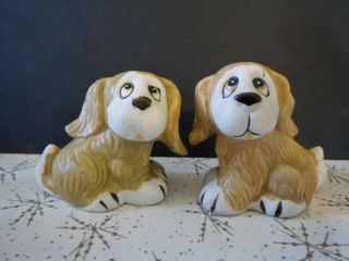 Vintage Porcelain Puppies Dogs Salt Pepper Shakers Tan White Long Hair