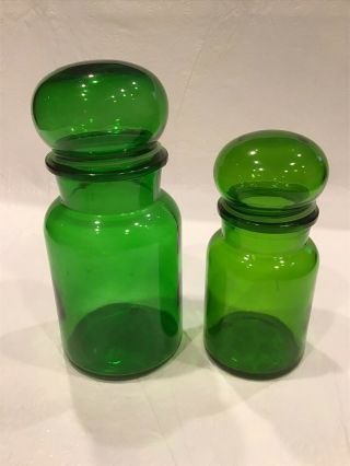 2 Vintage Emerald Green Glass Apothecary Jars Belgian Bubble Top