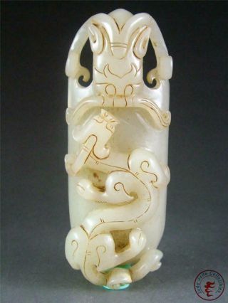 Antique Old Chinese Nephrite Celadon Jade Carved Belt Hook Statue Toggle Dragons