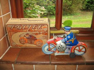 80,  Year Old Marx Police Siren Motorcycle & Box Wind - Up Tinplate Tin Toy